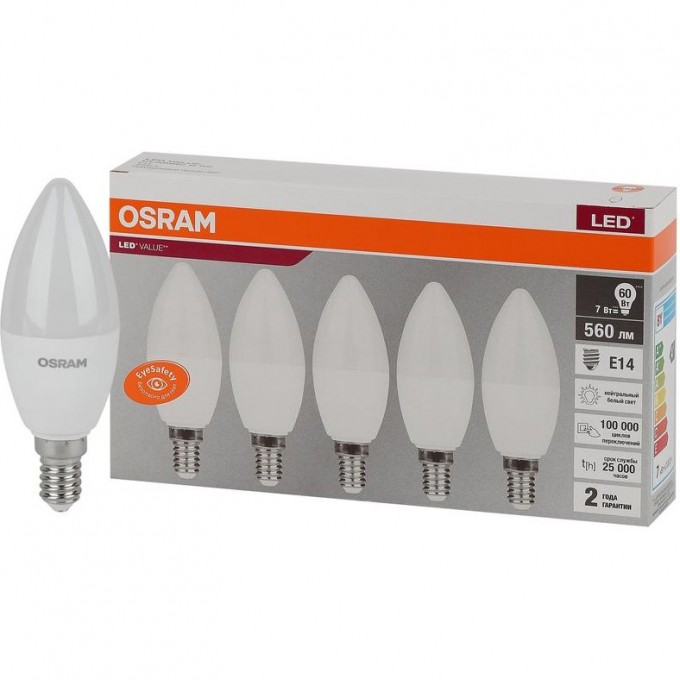 Лампа светодиодная LED OSRAM VALUE LVCLB60 7SW/840 7Вт E14 230В 2х5 RU (уп.5шт) 4058075577954 Лампа светодиодная LED OSRAM VALUE LVCLB60 7SW/840 7Вт E14 230В 2х5 RU (уп.5шт) 4058075577954